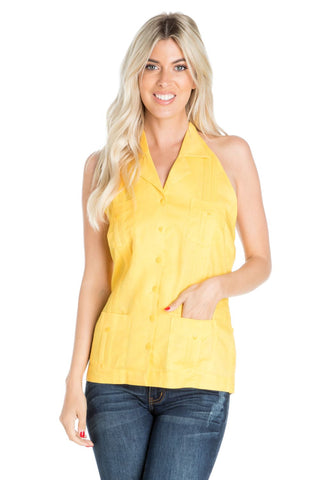 Mojito Women's Linen Blend Guayabera Halter Top – Button Down, Lightweight & Sexy Fit