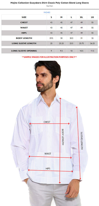 Mojito Men's Guayabera Shirt Classic Poly Cotton Blend Long Sleeve