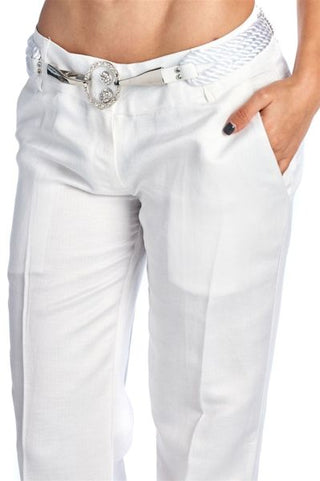 Women's Casual Herringbone Linen Blend Pants with Rhinestone buttons