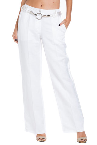 Women's Casual Herringbone Linen Blend Pants with Rhinestone buttons