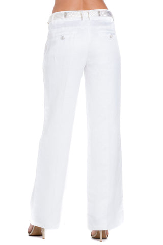 Women's Casual Herringbone Linen Blend Pants with Rhinestone buttons