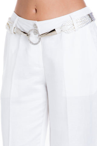 Women's Casual Herringbone Linen Blend Pants with Rhinestone buttons