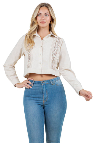 Mojito Women's Stylish Cropped Guayabera Shirt with Embroidery