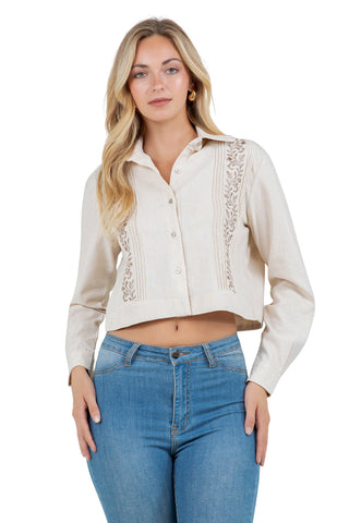 Mojito Women's Stylish Cropped Guayabera Shirt with Embroidery