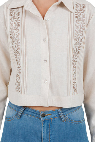 Mojito Women's Stylish Cropped Guayabera Shirt with Embroidery