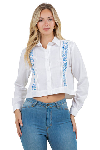 Mojito Women's Stylish Cropped Guayabera Shirt with Embroidery