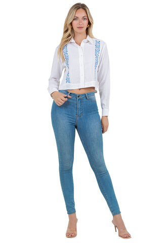Mojito Women's Stylish Cropped Guayabera Shirt with Embroidery