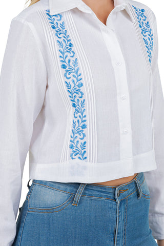 Mojito Women's Stylish Cropped Guayabera Shirt with Embroidery