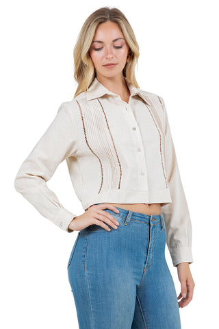 Mojito Women's Stylish Cropped Guayabera Shirt with Cutout Trim