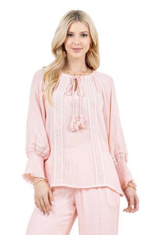 Women's Casual Resort Wear Boho Tassel Peasant Blouse with Lace Trim and Smocked Sleeves