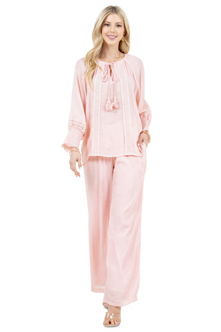 Women's Casual Resort Wear Boho Tassel Peasant Blouse with Lace Trim and Smocked Sleeves
