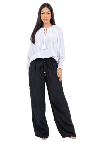Women's Casual Resort Wear Boho Tassel Peasant Blouse with Lace Trim and Smocked Sleeves