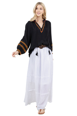 Mojito Women's Casual Resort Wear Boho Tassel V Neck Blouse with Contrast Crochet Trim and Long Balloon Sleeves