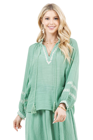 Mojito Women's Casual Resort Wear Boho Tassel V Neck Blouse with Contrast Crochet Trim and Long Balloon Sleeves