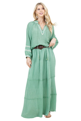 Mojito Women's Casual Resort Wear Boho Tassel V Neck Blouse with Contrast Crochet Trim and Long Balloon Sleeves