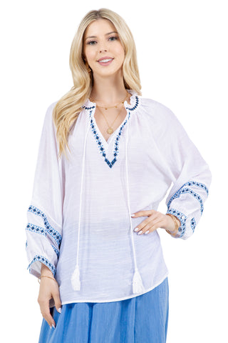 Mojito Women's Casual Resort Wear Boho Tassel V Neck Blouse with Contrast Crochet Trim and Long Balloon Sleeves