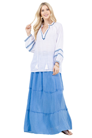 Mojito Women's Casual Resort Wear Boho Tassel V Neck Blouse with Contrast Crochet Trim and Long Balloon Sleeves