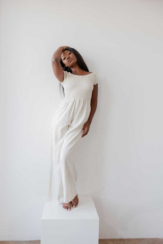 Women's Casual Resort Wear Linen Blend Summer Jumpsuit  with Smocked Top and Wide Leg