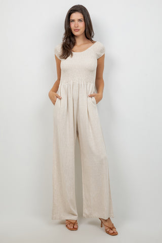 Women's Casual Resort Wear Linen Blend Summer Jumpsuit  with Smocked Top and Wide Leg