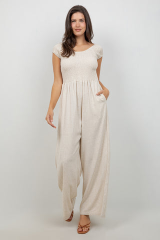 Women's Casual Resort Wear Linen Blend Summer Jumpsuit  with Smocked Top and Wide Leg