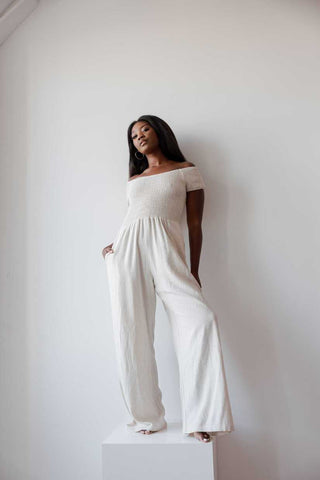 Women's Casual Resort Wear Linen Blend Summer Jumpsuit  with Smocked Top and Wide Leg