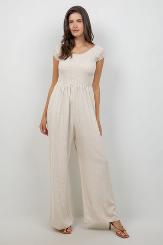 Women's Casual Resort Wear Linen Blend Summer Jumpsuit  with Smocked Top and Wide Leg