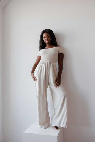 Women's Casual Resort Wear Linen Blend Summer Jumpsuit  with Smocked Top and Wide Leg