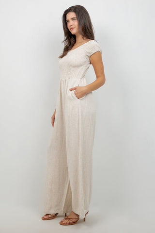 Women's Casual Resort Wear Linen Blend Summer Jumpsuit  with Smocked Top and Wide Leg
