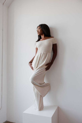Women's Casual Resort Wear Linen Blend Summer Jumpsuit  with Smocked Top and Wide Leg