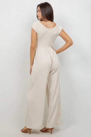 Women's Casual Resort Wear Linen Blend Summer Jumpsuit  with Smocked Top and Wide Leg