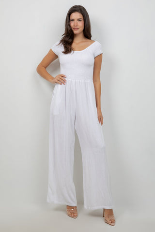Women's Casual Resort Wear Linen Blend Summer Jumpsuit  with Smocked Top and Wide Leg