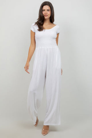 Women's Casual Resort Wear Linen Blend Summer Jumpsuit  with Smocked Top and Wide Leg