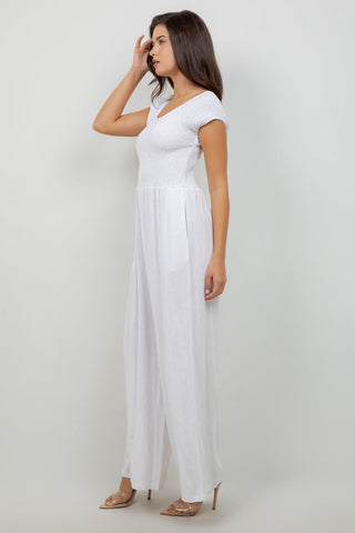 Women's Casual Resort Wear Linen Blend Summer Jumpsuit  with Smocked Top and Wide Leg