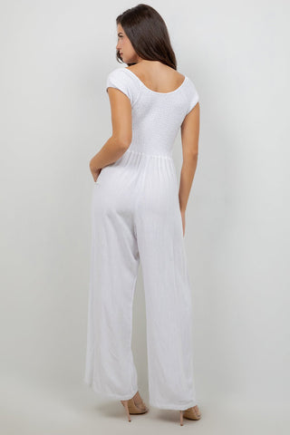 Women's Casual Resort Wear Linen Blend Summer Jumpsuit  with Smocked Top and Wide Leg