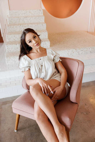 Women's Casual Smocked Ruffle Sleeve Button Blouse Linen Blend Short Sleeve Top