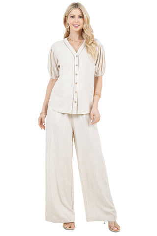 Women's Casual Crochet Trimmed Linen Blend Button Down V Neck Short Sleeve Top