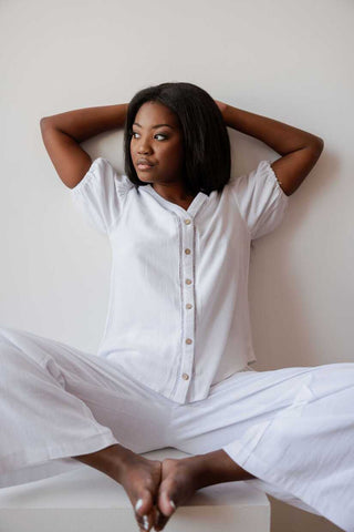 Women's Casual Crochet Trimmed Linen Blend Button Down V Neck Short Sleeve Top