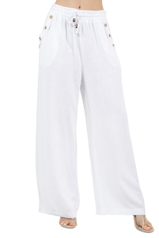 Women's Casual Beach Resort Wear Button Detail Linen-Blend Palazzo Pants with Drawstring Waist