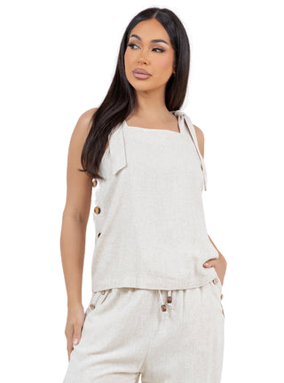 Women's Casual Tie Strap Button Detail Linen-Blend Top