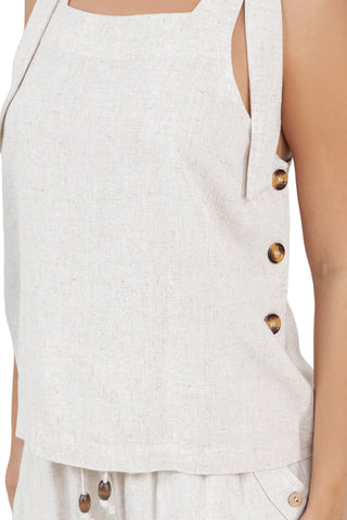 Women's Casual Tie Strap Button Detail Linen-Blend Top