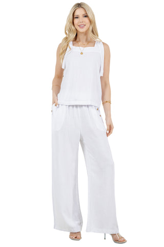 Women's Casual Tie Strap Button Detail Linen-Blend Top