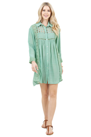 Women's Casual Resort Wear Embroidered Lace Yoke Button Down Shirt Dress