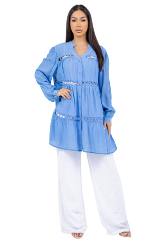 Women's Casual Resort Wear Circle Lace Crochet Detail Tunic Blouse Button Down