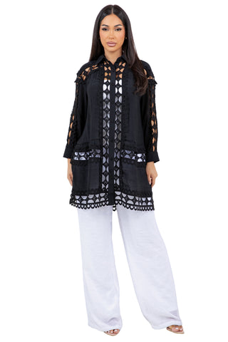 Mojito Women's Casual Resort Wear Embroidered Lace Button Down Tunic Blouse