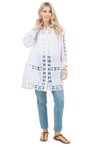 Mojito Women's Casual Resort Wear Embroidered Lace Button Down Tunic Blouse