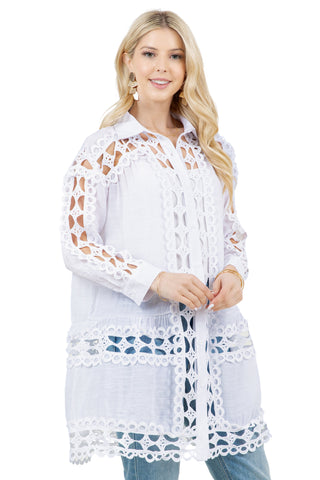Mojito Women's Casual Resort Wear Embroidered Lace Button Down Tunic Blouse