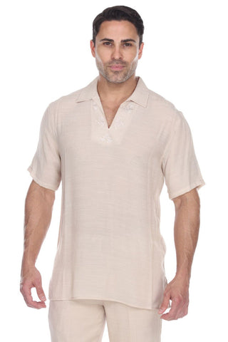 Mojito Men's V-Neck Beachwear Shirt with Subtle Floral Embroidery