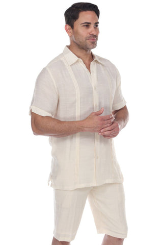 Men's Button Down Beachwear Short Sleeve Shirt with Pleating Design