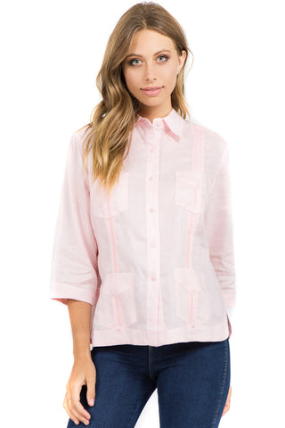 Mojito Women's Premium Linen Guayabera Shirt – 3/4 Sleeve Traditional 4-Pocket Style