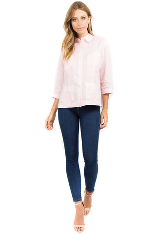 Mojito Women's Premium Linen Guayabera Shirt – 3/4 Sleeve Traditional 4-Pocket Style